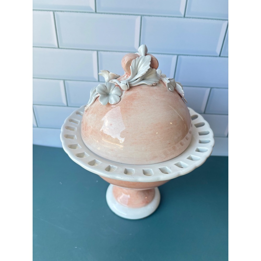 Vintage Italy Ceramic Lidded Pedestal Bowl Peach White Floral 6592 Centerpiece